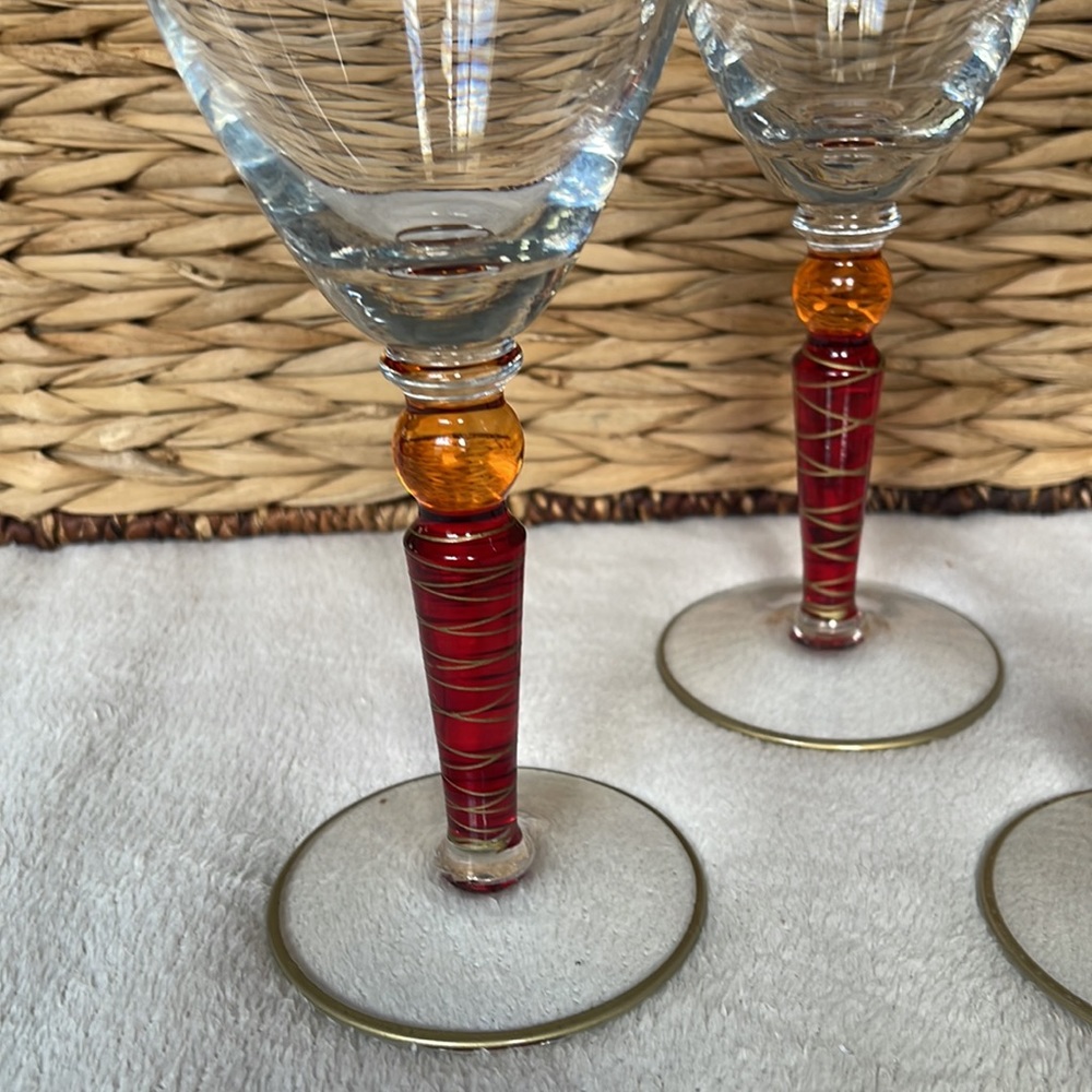 Pier 1 Imports Orbit Spice 16 Oz Red Gold Trim Stemware Glasses 4 HandPainted - Picture 3 of 10